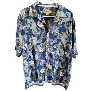 Paradise Coves Mens Size L 100% Silk Hawaiian Aloha Shirt Blue Floral Leaves